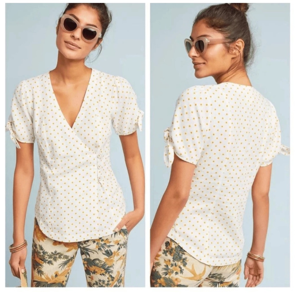 Maeve Anthropologie Yellow Polka Dot Linen Blend Wrap Blouse White Size 4